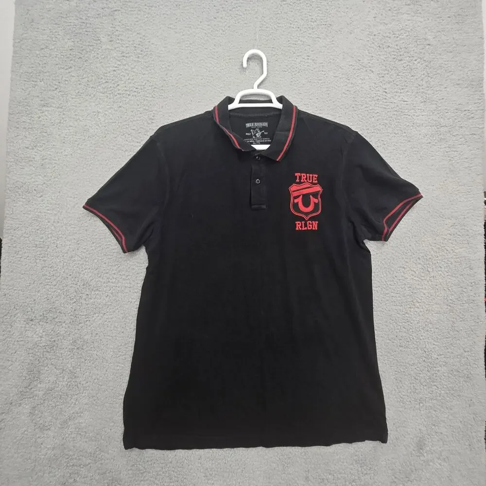 True Religion Men’s Black/Red Logo Polo Shirt M Regular Short Sleeve Button